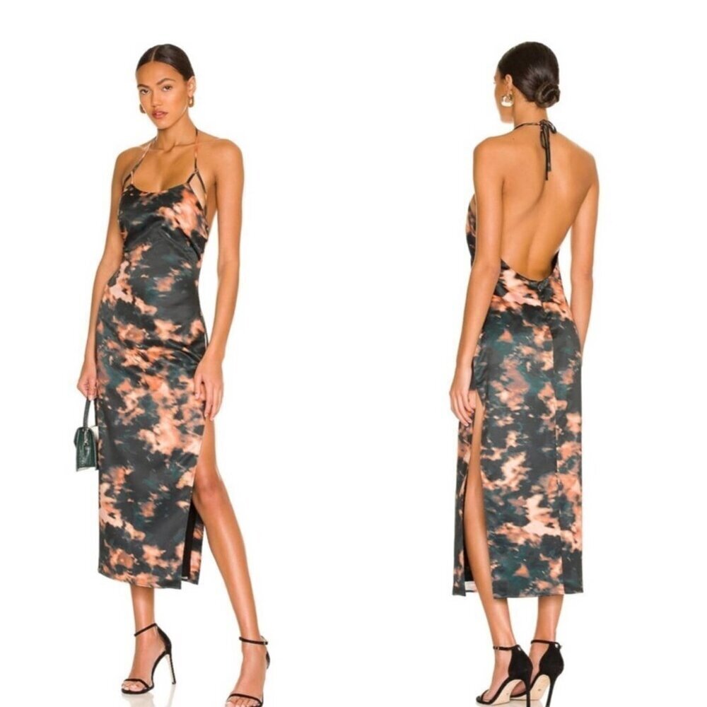 NWT Revolve Camila Coelho Sherlie Black Orange Tie Dye Satin Midi Slip Dress S‌‌